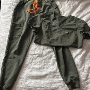 Figs Olive Green Scrub Set with Orange Accents